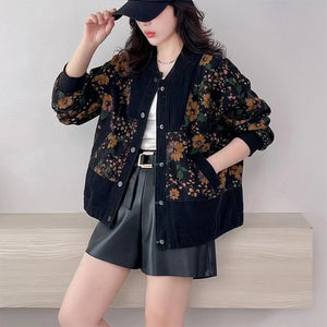 Áo khoác denim dài tay in hoa lá khuy bấm - NU9301