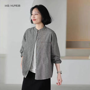 Áo sơ mi linen dài tay cổ đứng kẻ sọc caro - NU9837