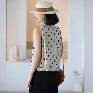 Áo T-shirt sát nách cổ tròn chấm bi vạt xếp ly - NU10436