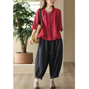 Áo sơ mi linen ngắn tay cổ tròn hai túi vuông vạt xẻ - NU8897
