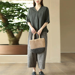 Áo sơ mi linen đơn sắc ngắn tay cổ V kiểu giấu khuy - NU8961