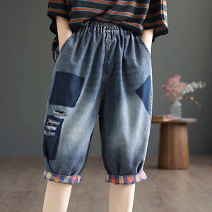 Quần baggy lửng denim lưng thun phai màu ô vuông - NU8752