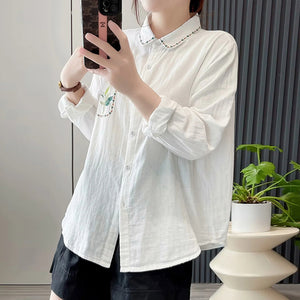 Áo sơ mi linen dài tay cổ pipi thêu hoa lá bo viền - NU9705