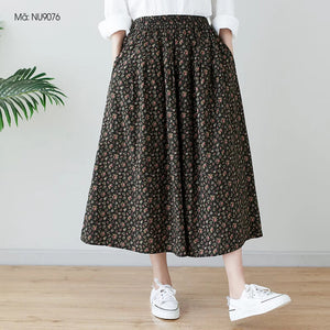 Chân váy linen retro lưng thun túi chéo in hoa liti - V012