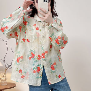 Áo sơ mi linen dài tay cổ pipi in hoa đỏ - A684