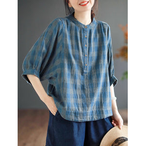Áo T-shirt linen ngắn tay cổ đứng kẻ caro - NU8992