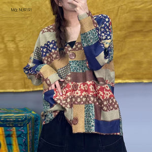 Áo khoác len cardigan dài tay cổ V in hoa văn retro - NU9190
