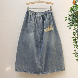 Chân váy denim lưng thun túi phối vải hoa - NU10103