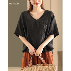 Áo sơ mi linen ngắn tay cổ V vạt lệch - NU9060