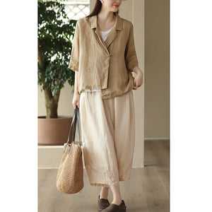 Áo khoác cardigan linen ngắn tay cổ vest một khuy cài - NU8922