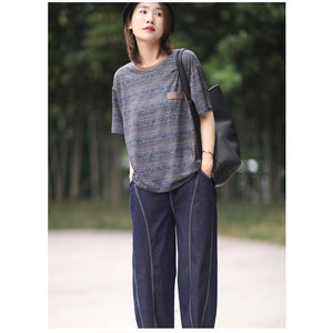 Áo T-shirt ngắn tay cổ tròn kẻ sọc hoa văn retro một túi nhỏ - NU8984