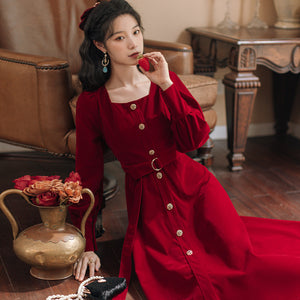 Đầm liền nhung dài tay cổ vuông khuy cài có thắt lưng - NU9540