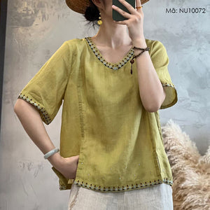 Áo T-shirt linen ngắn tay cổ V thêu bo viền - NU10071