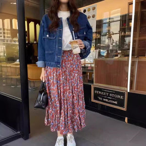 Chân váy linen retro lưng thun xếp ly in hoa lá - NU10041