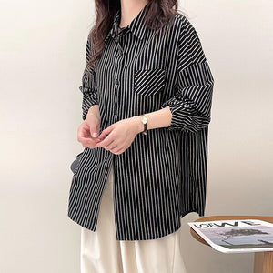 Áo sơ mi dài tay cổ đức form dài kẻ sọc một túi nhỏ - A174
