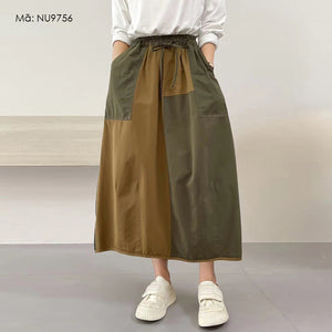 Chân váy retro lưng thun dây rút hai mảng màu - NU9755