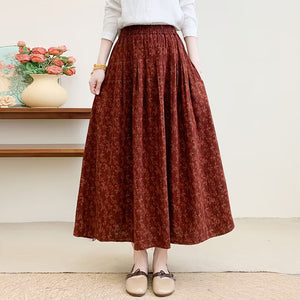 Chân váy retro lưng thun xếp ly in hoa liti - V011