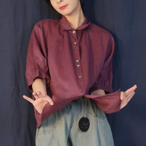 Áo sơ mi linen ngắn tay cổ đức một màu - A005