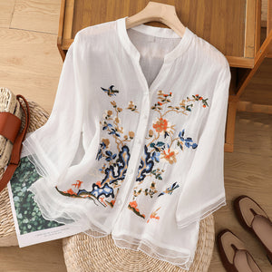 Áo sơ mi linen ngắn tay cổ tròn chữ V thêu hoa lá - NU8831