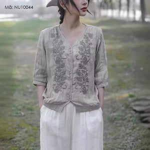 Áo sơ mi linen ngắn tay cổ V thêu mùa hè - NU10043