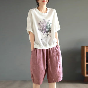 Áo T-shirt linen ngắn tay cổ tròn in mai xanh - NU10092