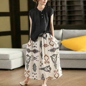 Chân váy linen retro lưng thun dây rút in trừu tượng - V116