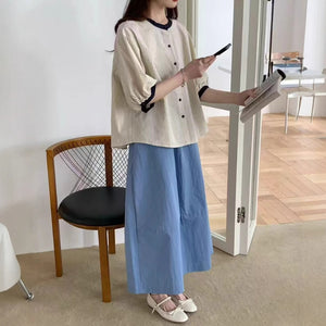 Áo sơ mi ngắn tay kiểu bồng cổ tròn bo viền - A923