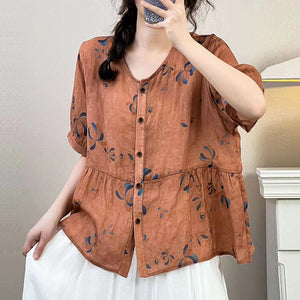 Áo sơ mi linen ngắn tay cổ V kiểu hai tầng in hoa lá - NU10244
