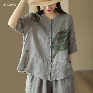 Áo sơ mi linen ngắn tay cổ tàu in hoa lá retro khuy tròn - NU8854