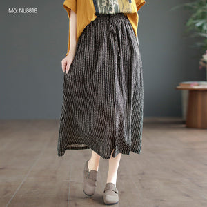 Chân váy linen lưng thun in hoa văn retro kẻ sọc - NU8817