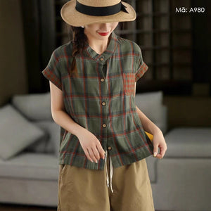 Áo sơ mi sát nách cổ đứng kẻ caro một túi - A979