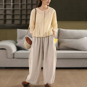 Áo sơ mi linen tay lửng cổ tròn kiểu phối khuy tròn - A946
