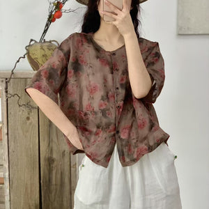Áo sơ mi linen ngắn tay cổ tròn in hoa lá hai túi vuông - A867
