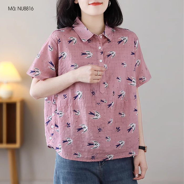 Áo sơ mi linen ngắn tay cổ đức in những chú chim - NU8815