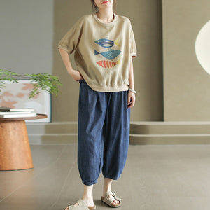 Áo T-shirt linen ngắn tay cổ tròn in những chú cá gỗ - NU10459
