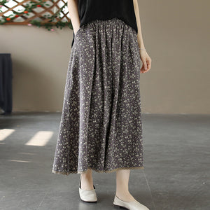Chân váy linen lưng thun in hoa liti vạt đính ren - NU10127