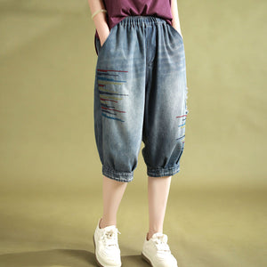 Quần baggy lửng denim lưng thun thêu những vạch màu - NU8902