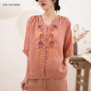 Áo sơ mi linen ngắn tay cổ V thêu hoa lá khuy tròn - NU10059