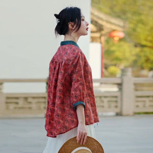 Áo sơ mi linen ngắn tay cổ pipi phối màu in hoa lá - NU9864