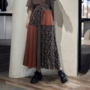 Chân váy linen in hoa lưng thun phối mảng màu - NU10364