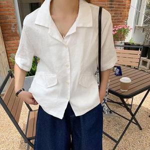 Áo sơ mi linen ngắn tay cổ vest hai túi chéo có nắp - NU8822