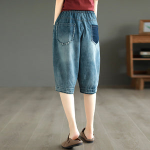 Quần baggy lửng denim lưng thun vá hình ảnh retro - NU8829