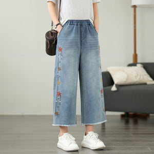 Quần baggy denim lửng lưng thun ống đứng thêu hoa mùa xuân - Q254