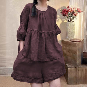Bộ đồ linen gồm quần sooc  và áo sơ mi tay lửng - NU10137