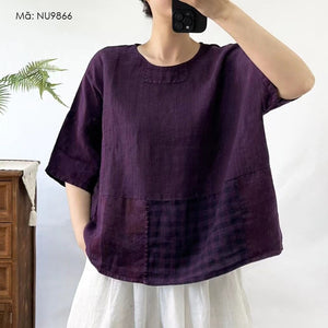 Áo T-shirt linen ngắn tay cổ tròn phối caro - NU9865