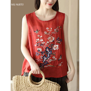 Áo T-shirt linen sát nách cổ tròn thêu tranh - NU8700