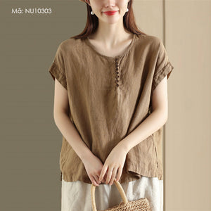Áo T-shirt linen sát nách cổ tròn vạt xẻ - NU10303