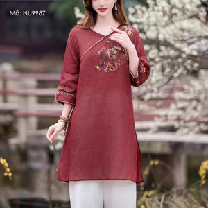 Đầm liền linen tay lửng cổ V thêu hoa văn retro - NU9986