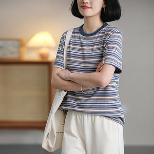 Áo T-shirt ngắn tay cổ tròn kẻ sọc sắc màu - NU10128