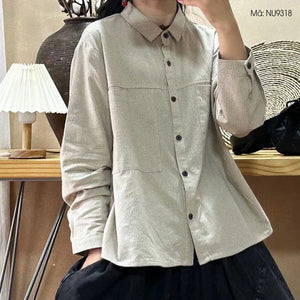 Áo sơ mi linen dài tay cổ đức hai túi vuông vạt bằng - NU9317